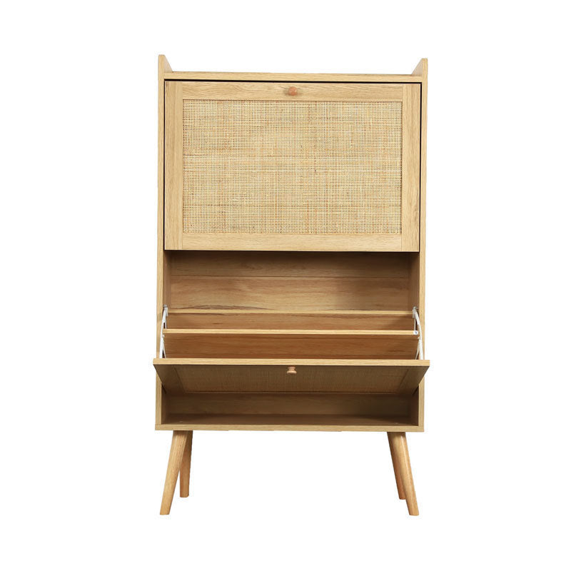 Rustic Rattan Shoe Cabinet - Slim Entryway Shoe Storage with Cubic Space & 2 Flip Drawers