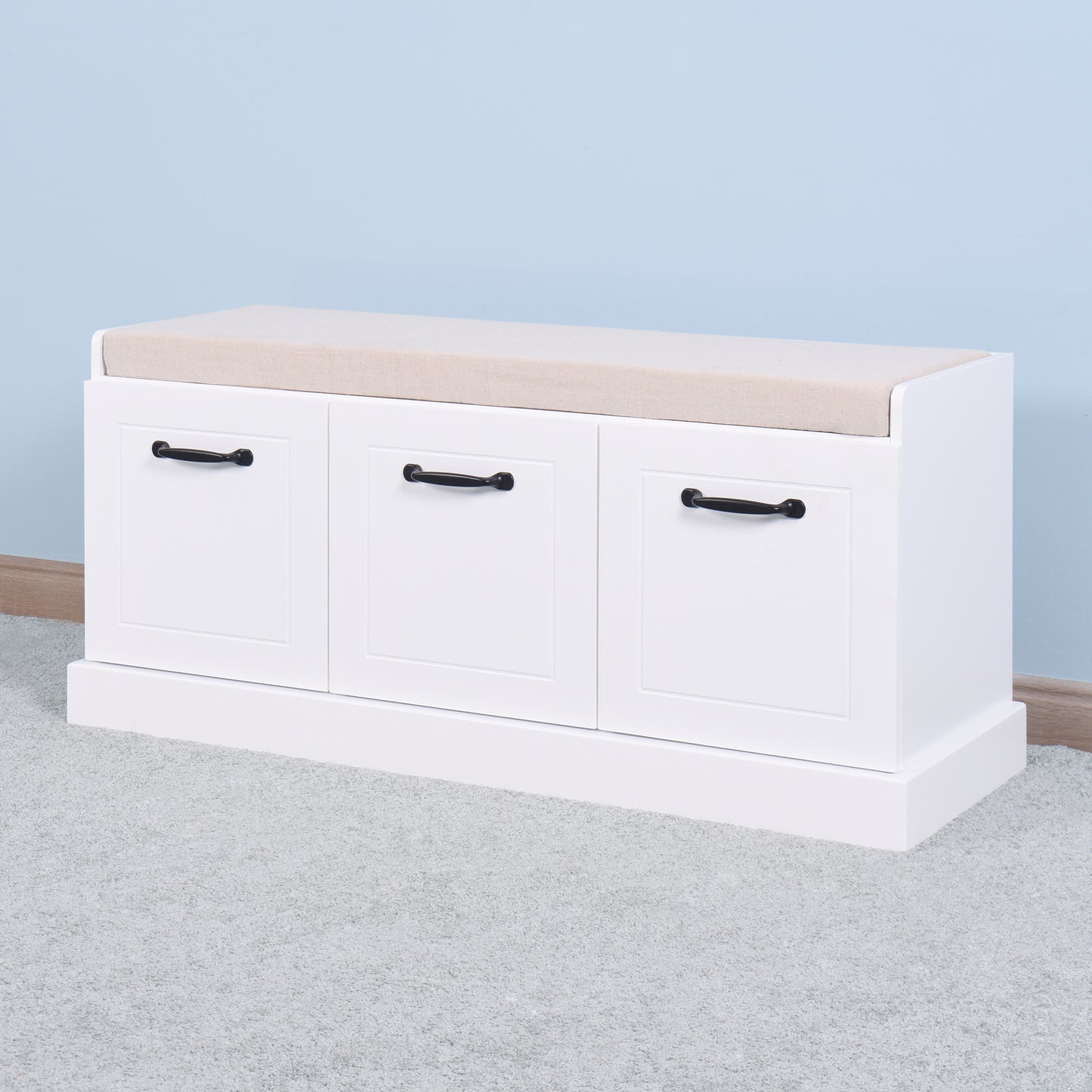 Wooden Entryway Shoe Cabinet Living Room Storage Bench with White Cushion