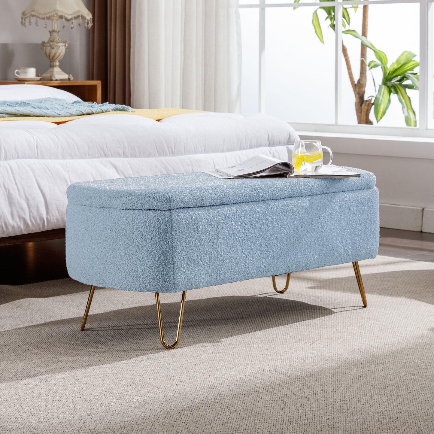 Blue Storage Ottoman Bench for End of Bed Gold Legs, Modern Grey Faux Fur Entryway Bench Upholstered Padded with Storage for Living Room Bedroom