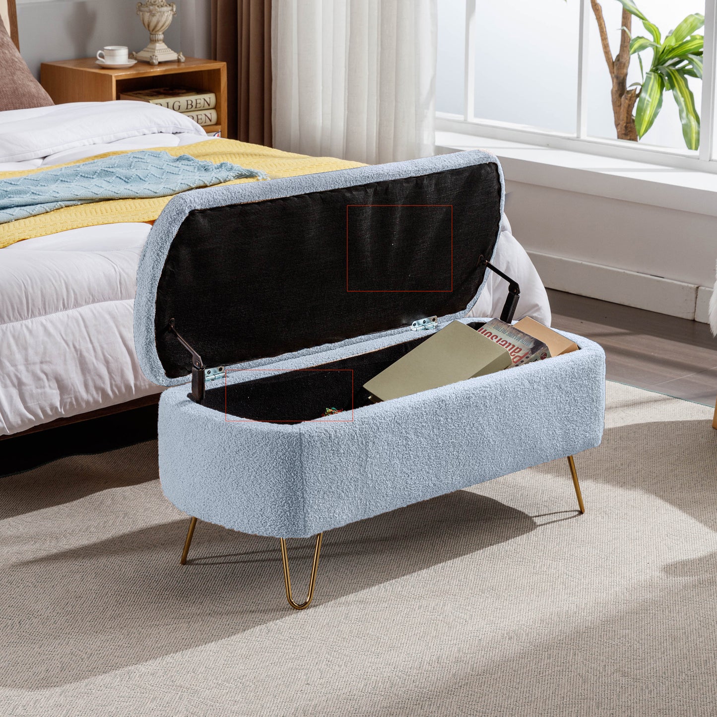 Blue Storage Ottoman Bench for End of Bed Gold Legs, Modern Grey Faux Fur Entryway Bench Upholstered Padded with Storage for Living Room Bedroom