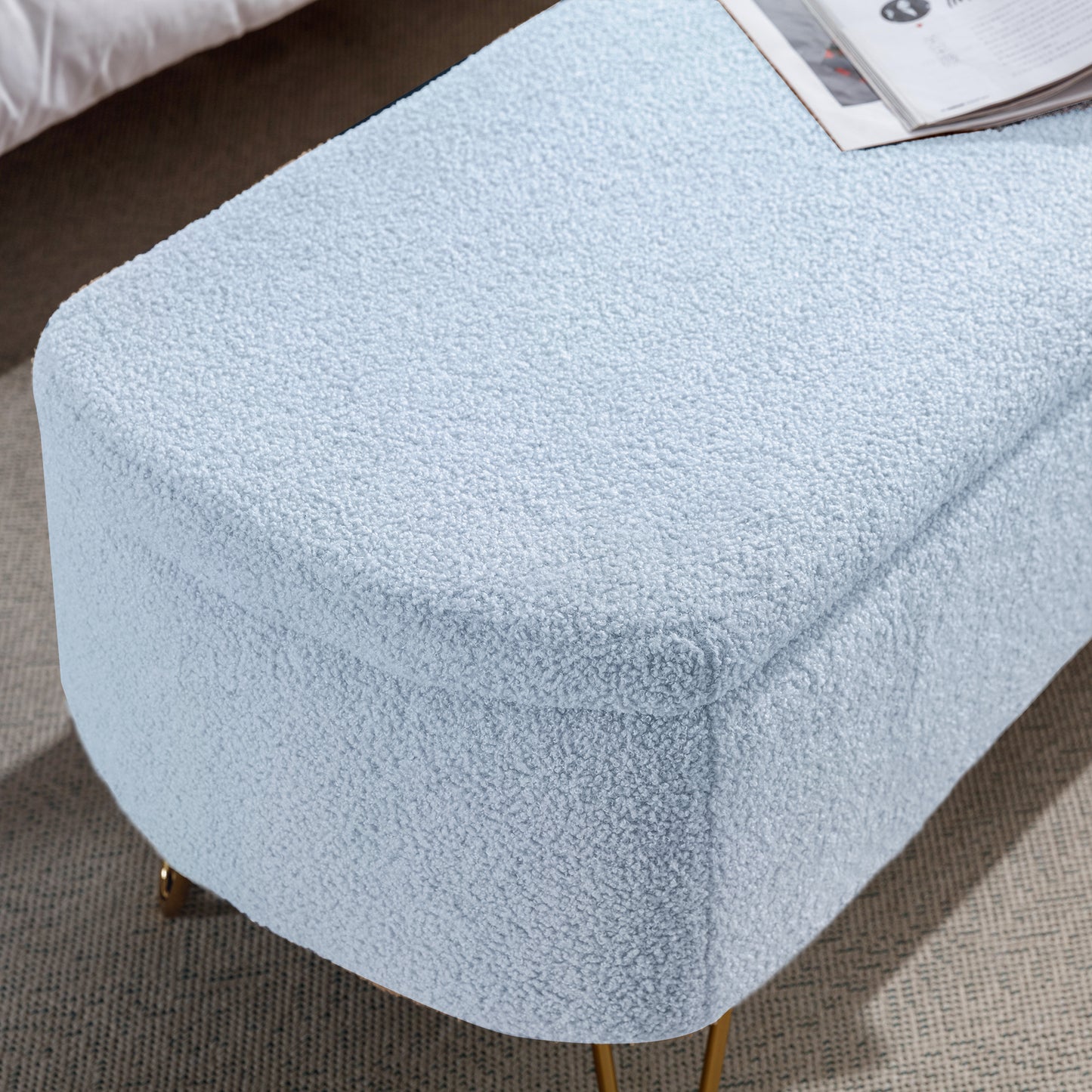 Blue Storage Ottoman Bench for End of Bed Gold Legs, Modern Grey Faux Fur Entryway Bench Upholstered Padded with Storage for Living Room Bedroom