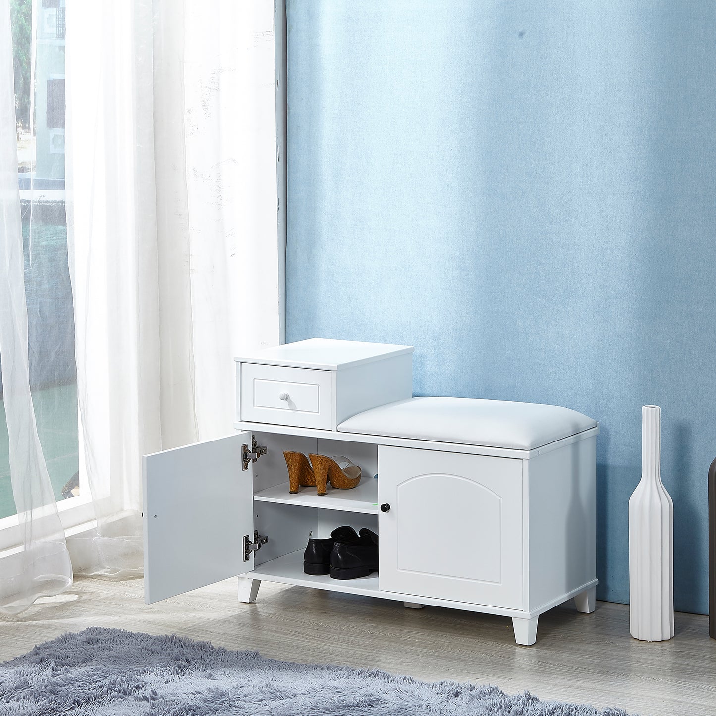 Wooden Shoe Storage Bench Shoe Ottoman Cabinet with Drawer,White