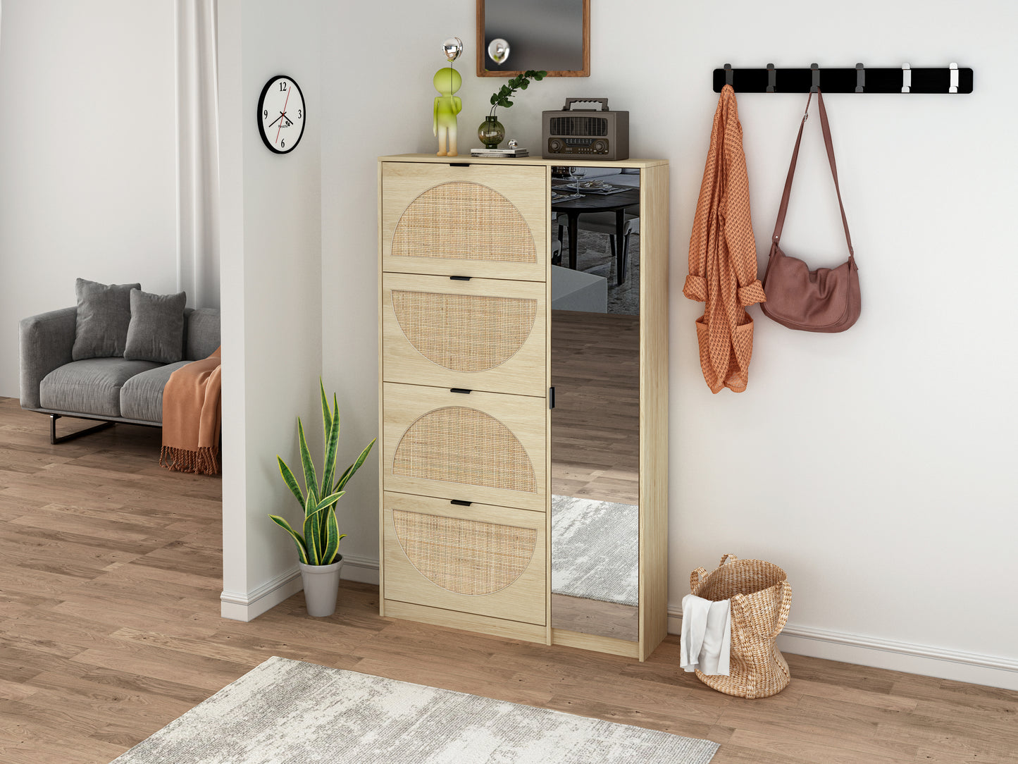 Natural Rattan Shoe Cabinet with 4-Tier Shoe Rack Storage Cabinet Wood 4 Door Free Standing Shoe Rack