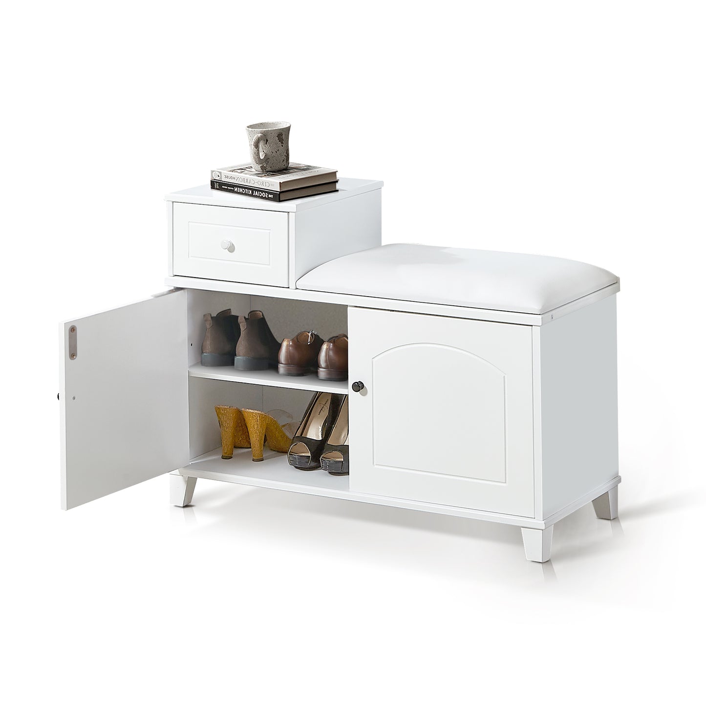 White Shoe Storage Bench Cabinet with Fireproof PU Cushion, Double Doors and Movable Drawer Wood for Door Entrance