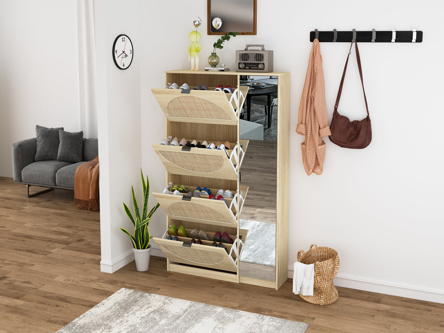 Natural Rattan Shoe Cabinet with 4-Tier Shoe Rack Storage Cabinet Wood 4 Door Free Standing Shoe Rack