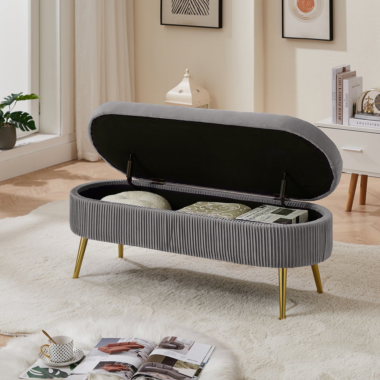 Storage bench velvet suit a bedroom soft mat tufted bench sitting room porch oval footstool gray