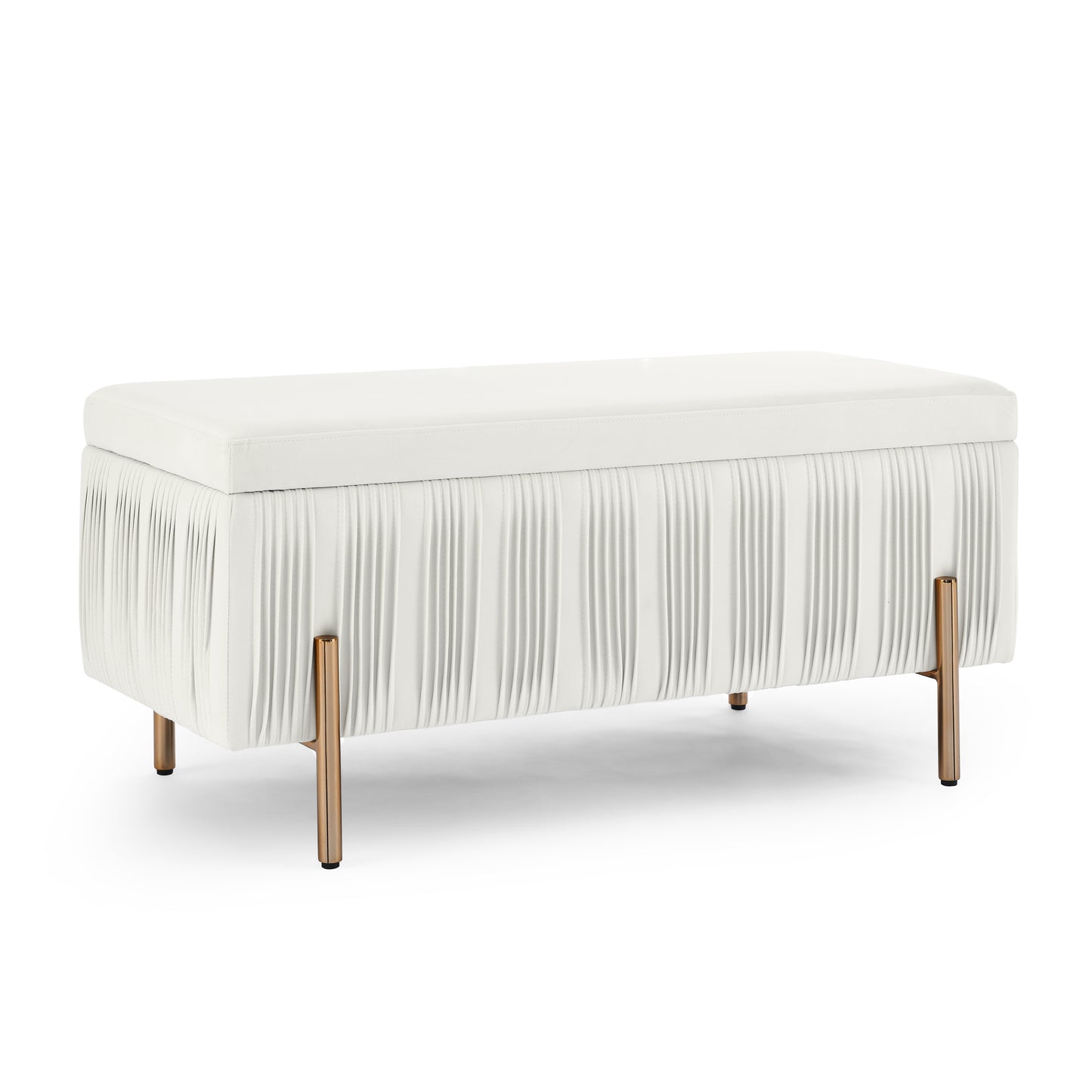 Elegant Upholstered Velvet Storage Bench with Cedar Wood Veneer, Large Storage Ottoman with Electroplate Iron Legs for Hallway Living Room Bedroom, Beige