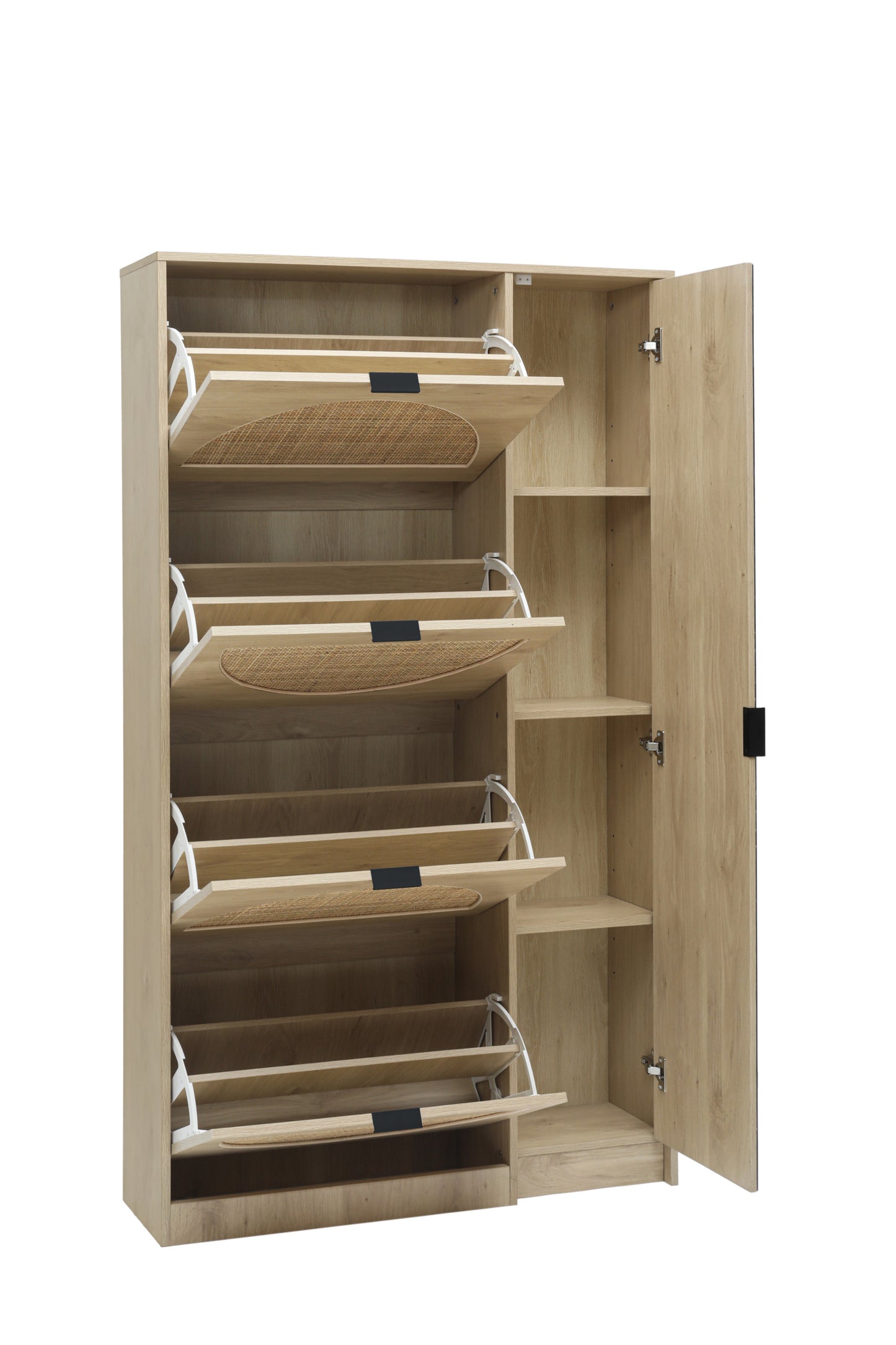 Natural Rattan Shoe Cabinet with 4-Tier Shoe Rack Storage Cabinet Wood 4 Door Free Standing Shoe Rack