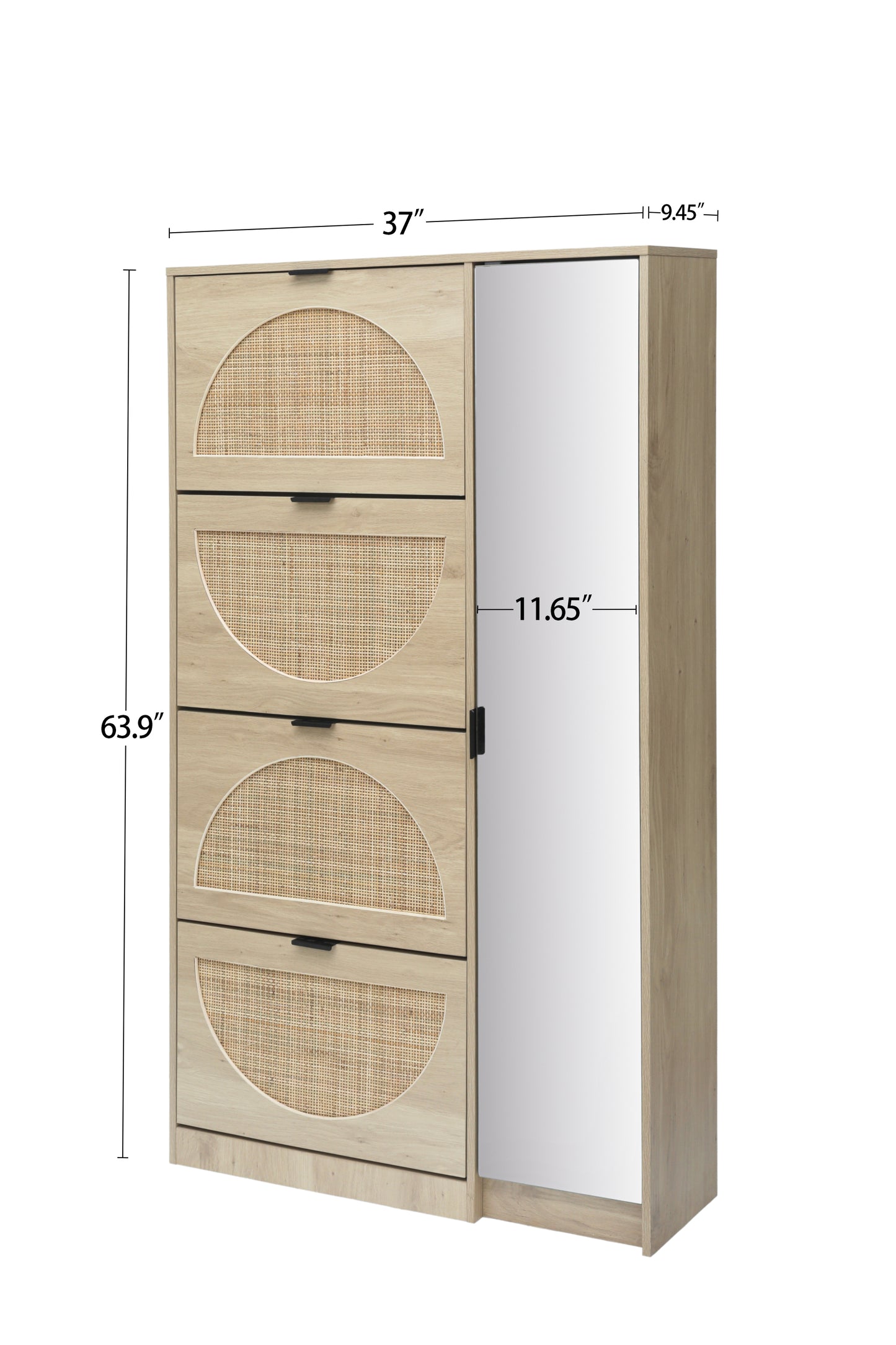 Natural Rattan Shoe Cabinet with 4-Tier Shoe Rack Storage Cabinet Wood 4 Door Free Standing Shoe Rack