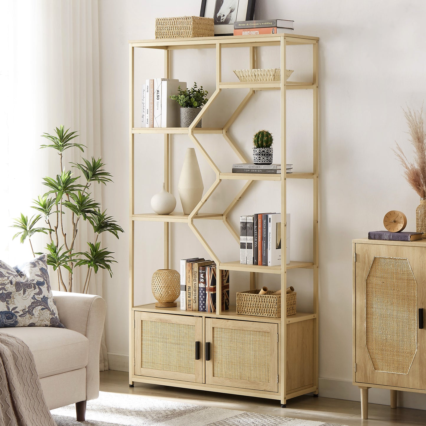 Rattan bookshelf 7 tiers Bookcases Storage Rack with cabinet for Living Room Home Office, Natural, 39.4'' W x 13.8'' D x 75.6'' H.