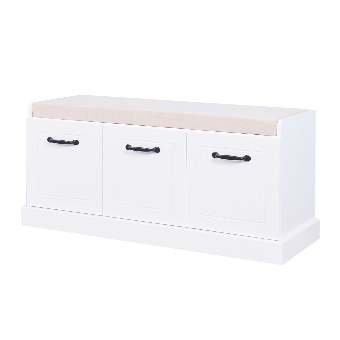 Wooden Entryway Shoe Cabinet Living Room Storage Bench with White Cushion