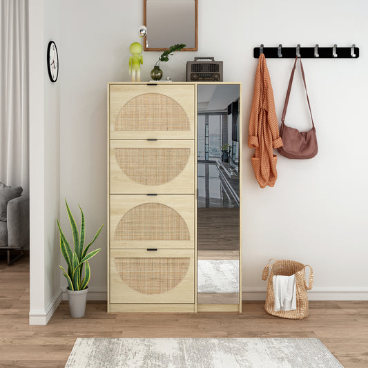 Natural Rattan Shoe Cabinet with 4-Tier Shoe Rack Storage Cabinet Wood 4 Door Free Standing Shoe Rack