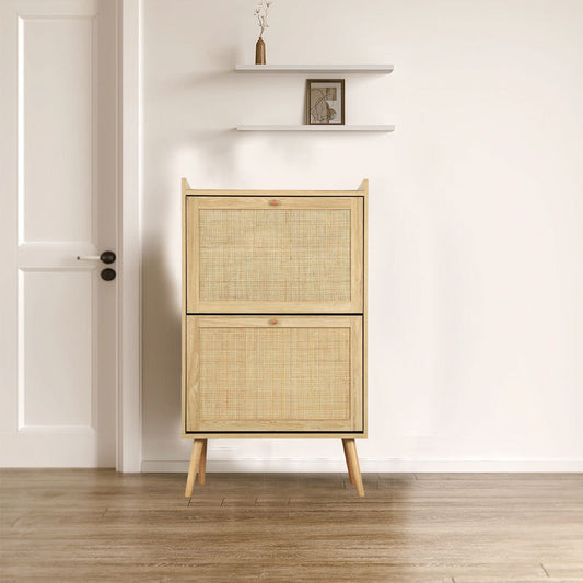 Rustic Rattan Shoe Cabinet - Slim Entryway Shoe Storage with Cubic Space & 2 Flip Drawers